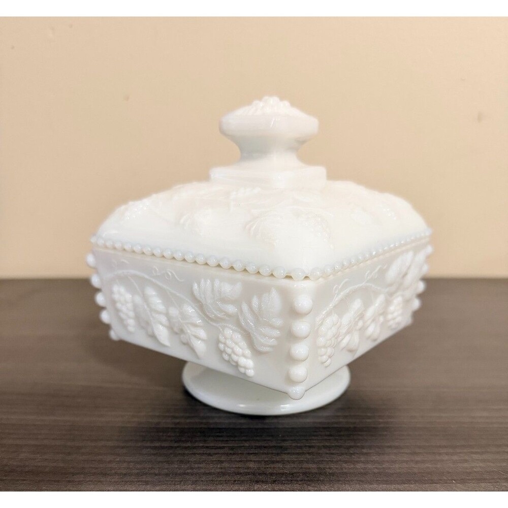 Vintage Westmoreland Paneled Grape Milk Glass Covered Candy Dish Trinket Box
